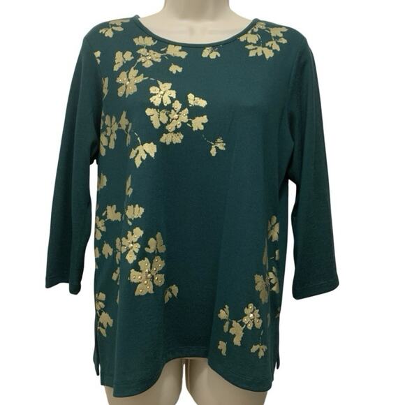 Alfred Dunner Sweater Petite Small Emerald Green 3/4 Sleeve Embellished Gold - Picture 1 of 6
